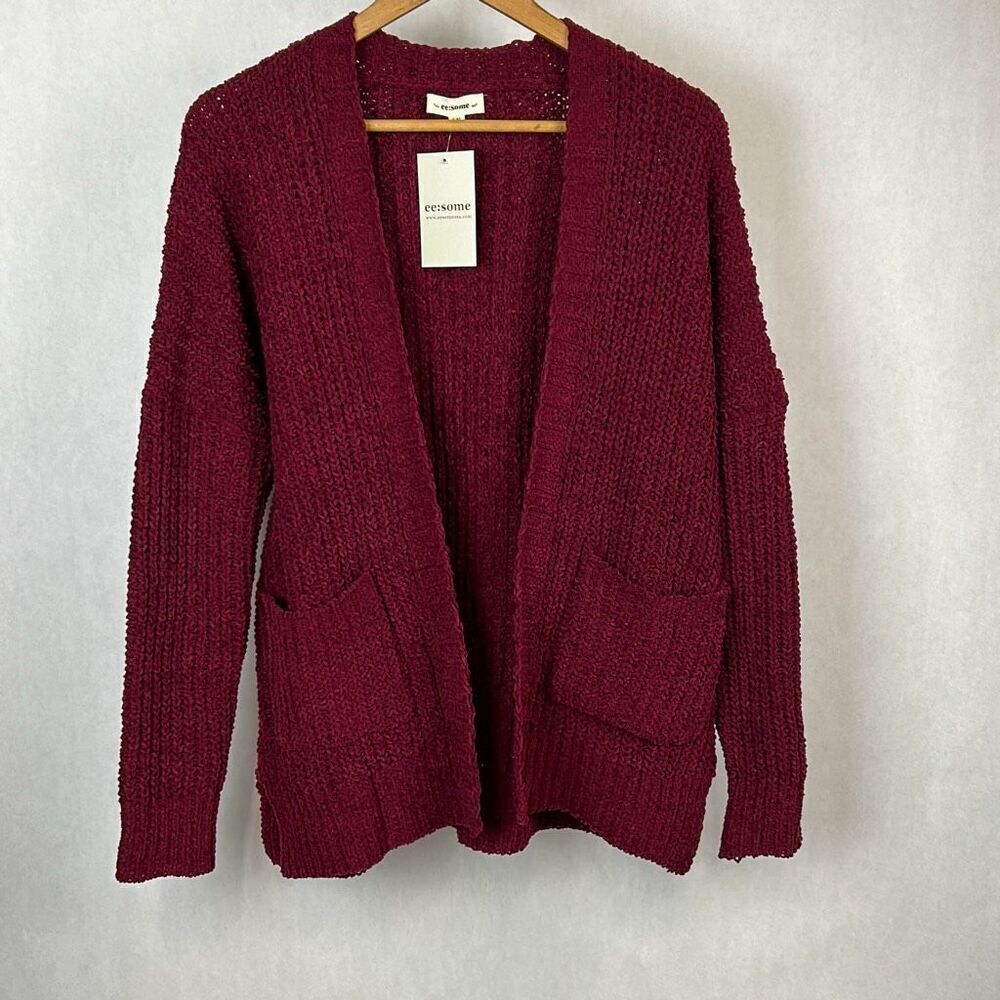 NEW ee:some Chunky Knit Cardigan Sz Small / Medium Burgundy Maroon Cranberry
